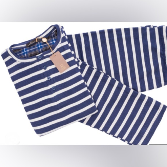 ⚡️Noble Mount Men's Waffle Knit Henley Lounge Set -Stripes Navy/Heather Grey - Picture 1 of 2